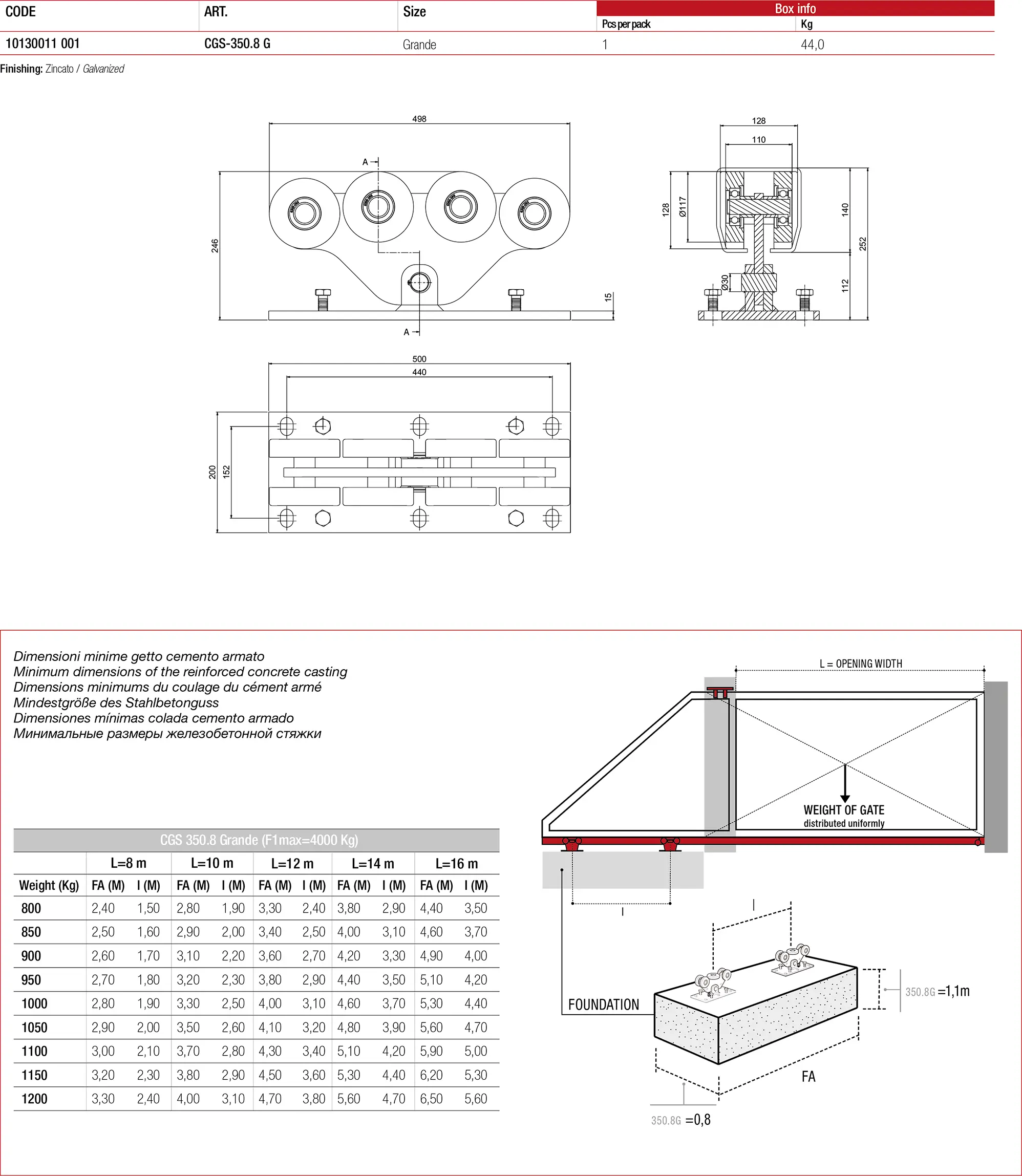 img dimenzije i tabela montaže samonosiva vrata art. cgs 350.8G