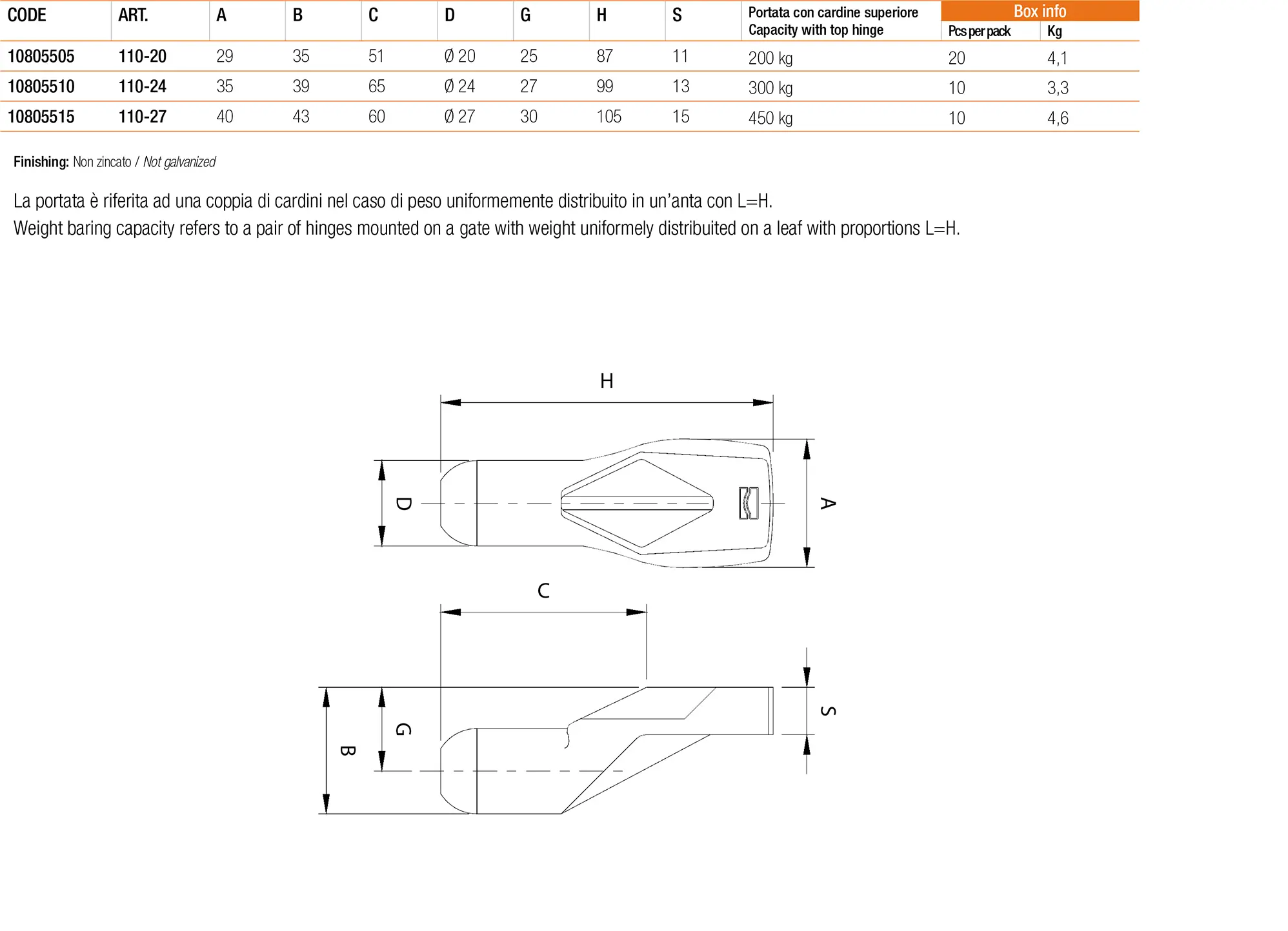 dimenzije comunello art.110 pivot-pin za varenje